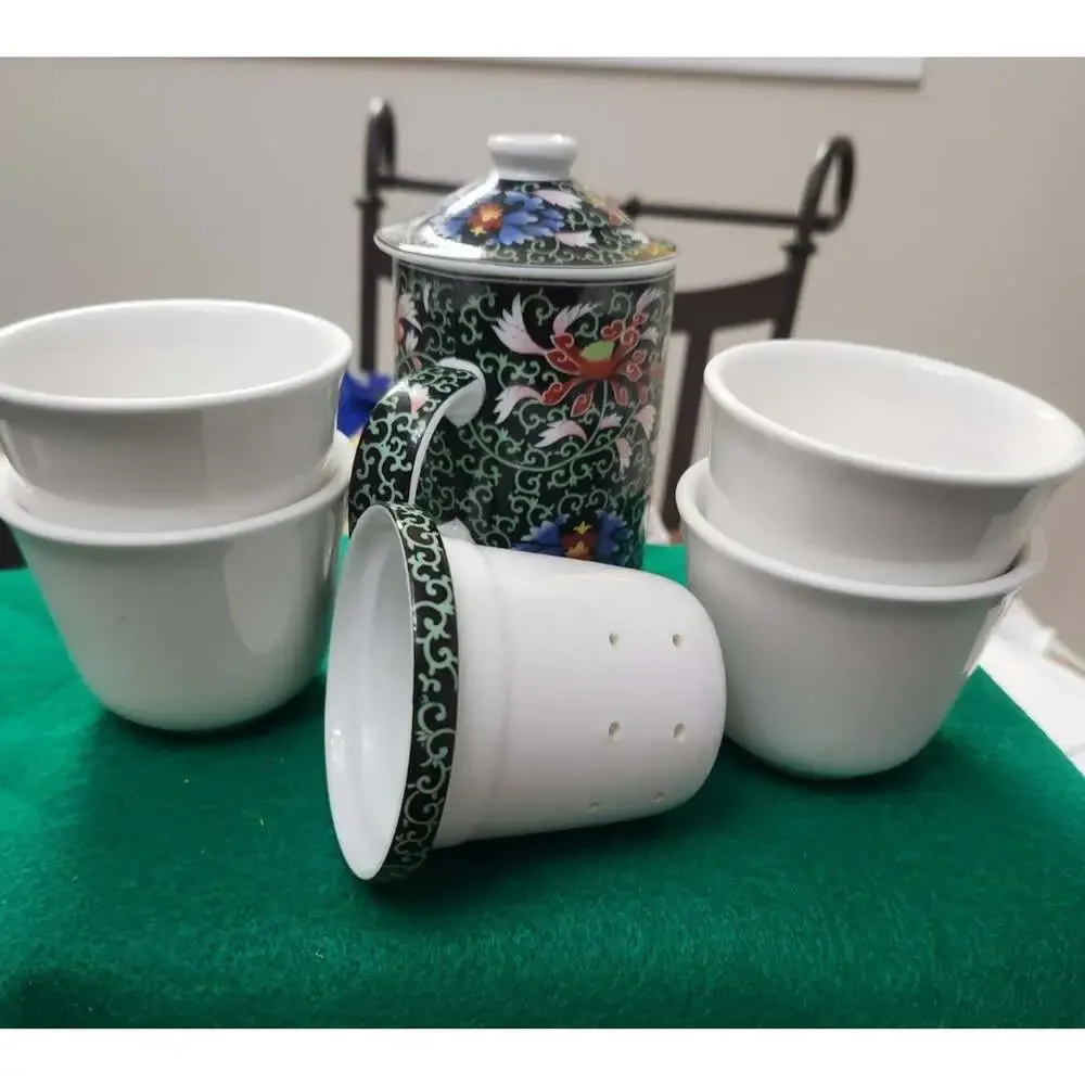 Chinese Dajin Porcelain Tea Set Black Floral Infuser Teapot Mug 4 Cups 6pc Set